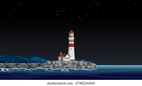Vector illustration of a coastal lighthouse and cottage on rocks under a dark starry sky