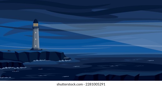 The vector illustration of a coastal lighthouse giving a signal for ships in dark blue colors. Cartoon night landscape of the sea with a lighthouse on a slope.