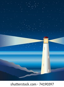 vector illustration of a coastal lighthouse at night in eps 10 format
