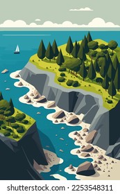 ilustración vectorial vista de la costa desde arriba, costa del mar con rocas alrededor del paisaje