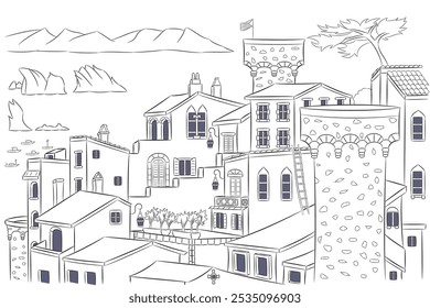 Ilustração vetorial da vista da linha costeira de Tossa de Mar, Espanha