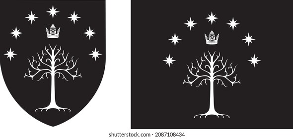 Vector illustration of Coat of arm and flag of Realm of Gondor. White tree of Gondor. Coat of arms bearing the white tree, Nimloth the fair... svg