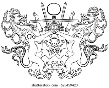 Vector illustration of coat of arms fantasy animal sword fight black and white
