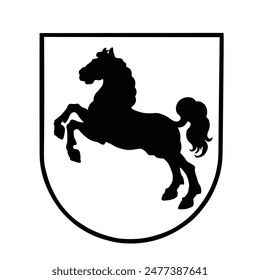 Vector illustration coat of arms Lower Saxony isolated on white background. Germany province national symbol. Heraldry Niedersachsen. Patriotic sign Lower Saxony. Heraldic prance horse silhouette.