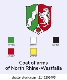 Ilustración vectorial del escudo de armas de la bandera de Renania del Norte-Westfalia aislada en fondo azul claro. Lo más cerca posible del original. listo para usar, fácil de editar. 
