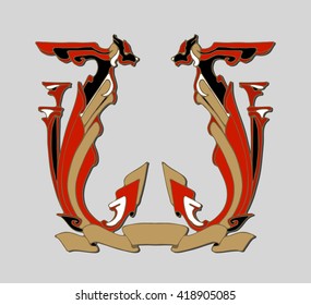 Vector illustration of a coat of arms with ribbon for text. Ornate Frame from abstract colorful lines pattern with fantastic animal heads. Good for invitation, card, scrapbook. Design template