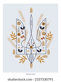 Vector illustration. Coat of arms of Ukraine with Ukrainian ornament, design for poster, cover, print for t-shirt. Patriotism, support for Ukraine.