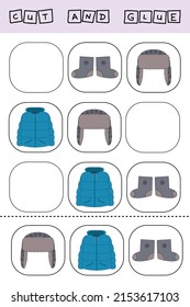 Vector illustration of a coat, hat, boots without the required element. paper game for the development of preschoolers. Cut out parts of the image and glue