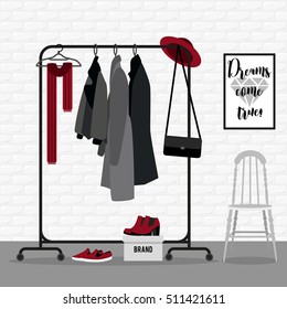 Vector illustration with coat rack or showroom. Closet with clothes, bags, boxes and shoes in flat style