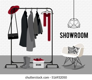 Vector illustration with coat rack, showroom. Closet with clothes, bags, boxes and shoes in flat style
