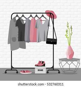 Vector illustration with coat rack, showroom. Closet with clothes, bags, boxes and shoes in flat style