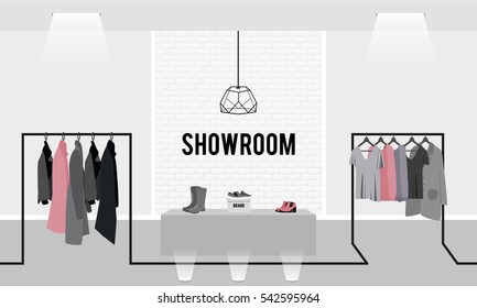 Vector illustration with coat rack, showroom. Closet with clothes, bags, boxes and shoes in flat style