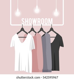 Vector illustration with coat rack, showroom. Closet with clothes, bags, boxes and shoes in flat style