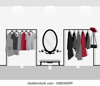 Vector illustration with coat rack, showroom. Closet with clothes, bags, mirror in flat style