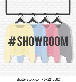 Vector illustration with coat rack, showroom. Closet with clothes in flat style