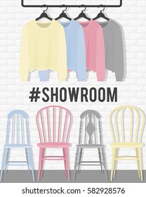 Vector illustration with coat rack, showroom. Closet with clothes in flat style