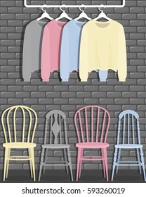 Vector illustration with coat rack, showroom. Closet with clothes in flat style