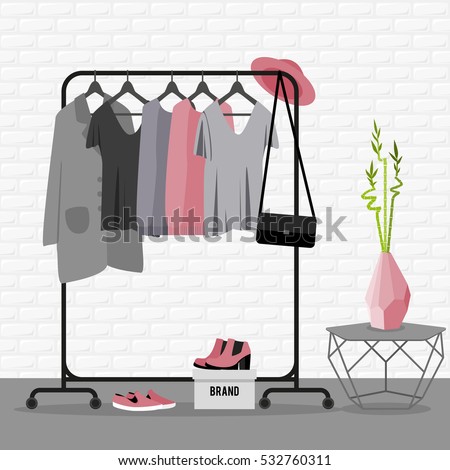 Vector illustration with coat rack, showroom. Closet with clothes, bags, boxes and shoes in flat style