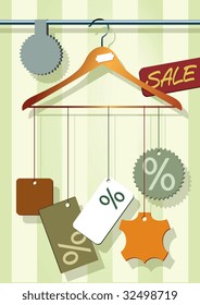 Vector illustration of a coat-hanger with different sale labels.