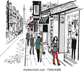 Vector Illustration Of Cobbled Street In Paris, France With Pedestrians