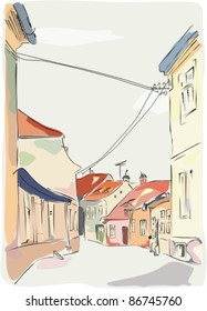 Vector Illustration Of Cobbled Street In Sibiu, Romania