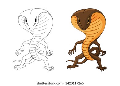 Vector illustration with a Cobra Humanoid creature isolated on white. Snakeman roleplay fantasy game asset. Outlined doodle coloring book page for kids.