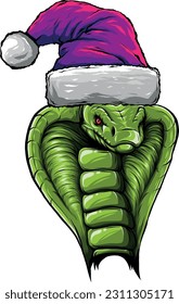 vector illustration of cobra snake with christmas hat