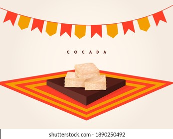 
Vector illustration of a cocada, coconut candy, a typical sweet from Brazil. Composition on wooden board and flags behind. Festa Junina Brazil party food.