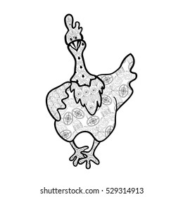 Vector illustration of cock, coloring anti-stress. Poster, invitation card on New Year's party, hand drawn, doodle