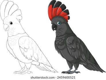 Vector illustration of a cockatoo, colored and line art.