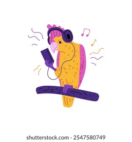 Vector illustration of a cockatoo parrot with headphones and a player sitting on a branch. A colorful character with a pink crest and bright yellow feathers