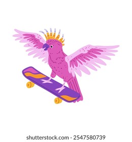 Vector illustration of a cockatoo parrot on a skateboard. A colorful character with a yellow crest and bright pink feathers for tropical themes and wildlife.