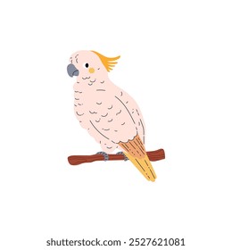 Vector illustration of a cockatoo parrot sitting on a perch on an isolated white background. Exotic pet from the back in a cartoon flat style. Element for design.