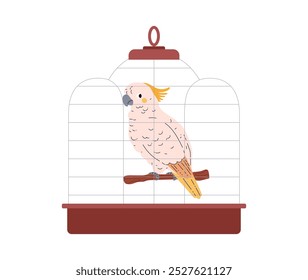 Ilustración vectorial de un loro de cacatúa sentado en una jaula, aislado sobre un fondo blanco. Un pájaro lindo exótico con una cola larga amarilla y un mechón