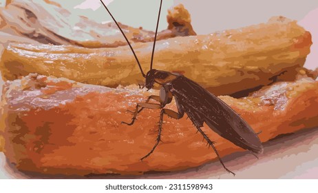 Vector illustration of a cockroach eating food on a plate