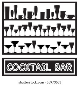 Ilustración vectorial de un afiche de una barra de cócteles con siluetas de vidrio, en blanco y negro