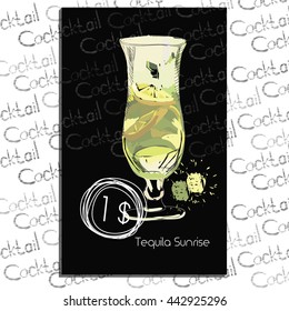 Vector illustration of Cocktail Blue Lagune with price on chalk board. Template elements for cocktail menu. Hand drawn drink for cocktail bar