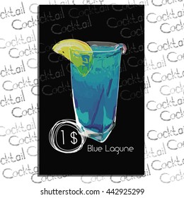 Vector illustration of Cocktail Blue Lagune with price on chalk board. Template elements for cocktail menu. Hand drawn drink for cocktail bar