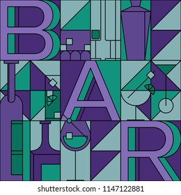 Vector illustration of cocktail card, drinks menu. Design for stained glass window, poster or print