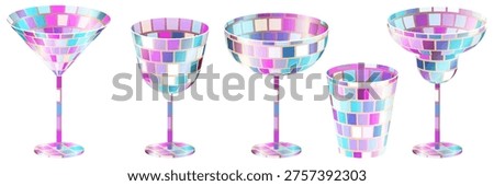 Vector illustration of cocktail, champagne, martini glasses set with disco ball neon texture. Bright colorful party design elements for nightlife glamour banner, poster, holiday invitation, bar menu