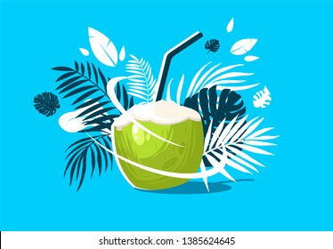 Vector illustration of cocktail from coconut with a straw,and tropical leaves in the backgroun