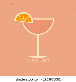 Vector illustration of a cocktail in a coupe glass with orange slice. 