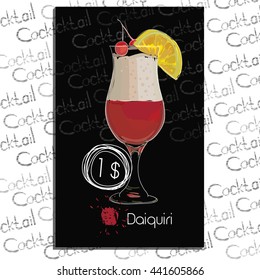 Vector illustration of Cocktail Daiquiri with price on chalk board. Template elements for cocktail menu. Hand drawn drink for cocktail bar