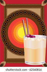 Vector illustration of cocktail drink, decorated with cherry and straw on the cool ornate background