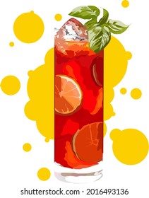 vector illustration of cocktail drink in red and yellow round background