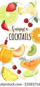 Vector illustration of a cocktail and fruits on a white background. Summer card, flyer, banner, illustration for print, for menu cover, bar card.