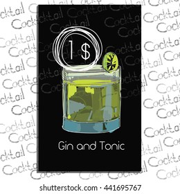 Vector illustration of Cocktail Gin and Tonic with price on chalk board. Template elements for cocktail menu. Hand drawn drink for cocktail bar