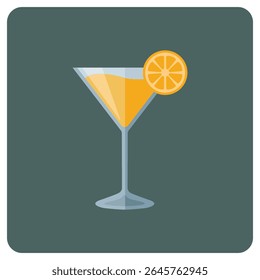 Vector illustration of a cocktail glass filled with orange juice and garnished with a fresh orange slice, perfect for summer, tropical drinks, or juice bar themes.