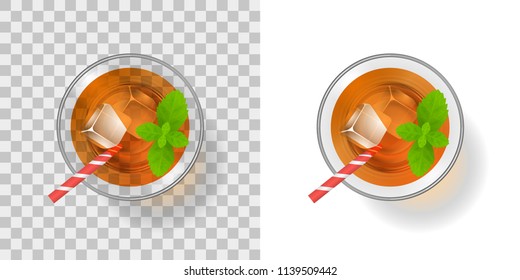 Vector illustration. Cocktail in a glass with ice on a transparent background. Top view. A glass of drink and ice.