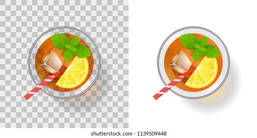 Vector illustration. Cocktail in a glass with ice on a transparent background. Top view. A glass of drink and ice.